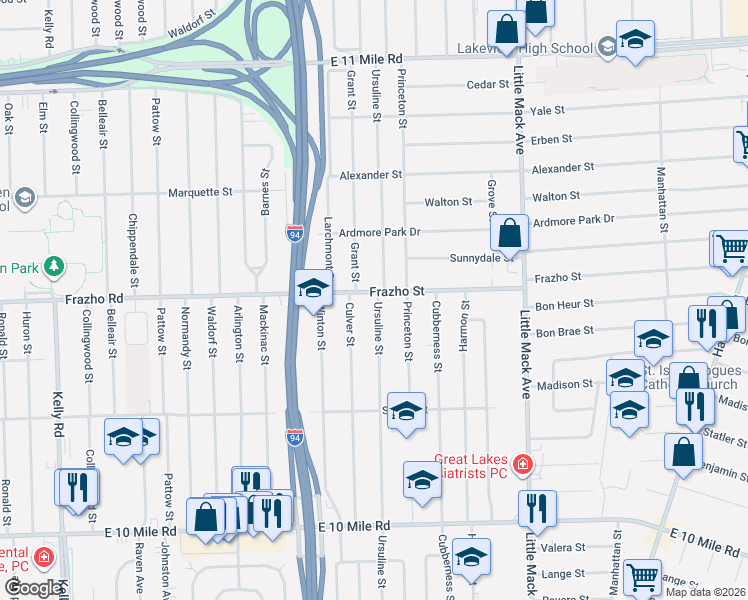 map of restaurants, bars, coffee shops, grocery stores, and more near 26401 Ursuline Street in St. Clair Shores