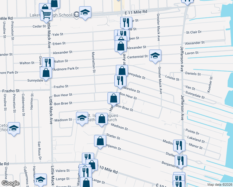 map of restaurants, bars, coffee shops, grocery stores, and more near 26396 Harper Avenue in Saint Clair Shores