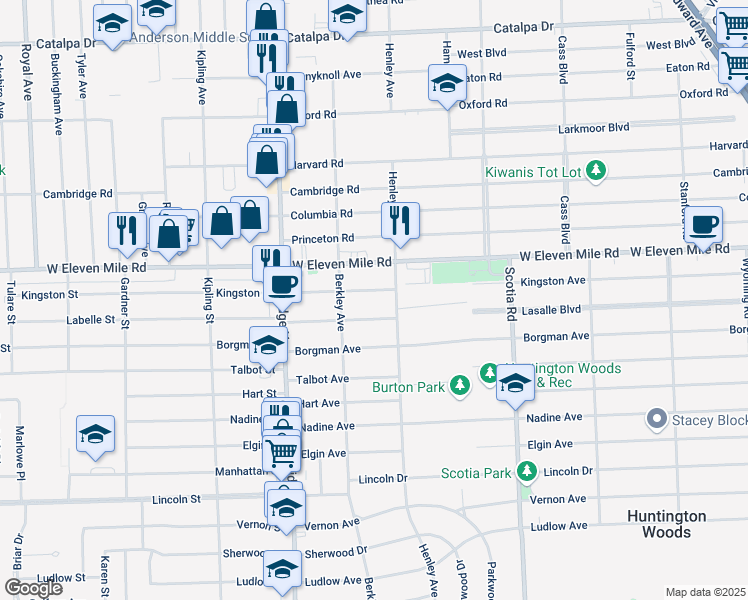 map of restaurants, bars, coffee shops, grocery stores, and more near 13129 Kingston Avenue in Huntington Woods