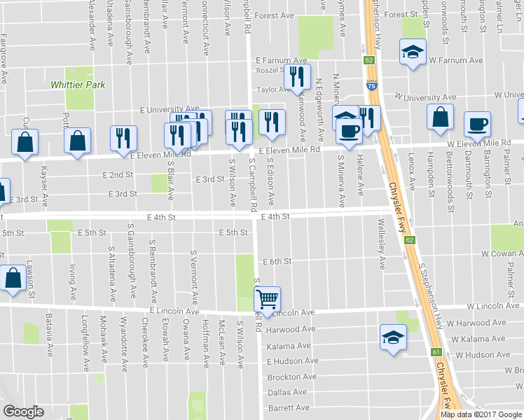 map of restaurants, bars, coffee shops, grocery stores, and more near 1709 East 4th Street in Royal Oak