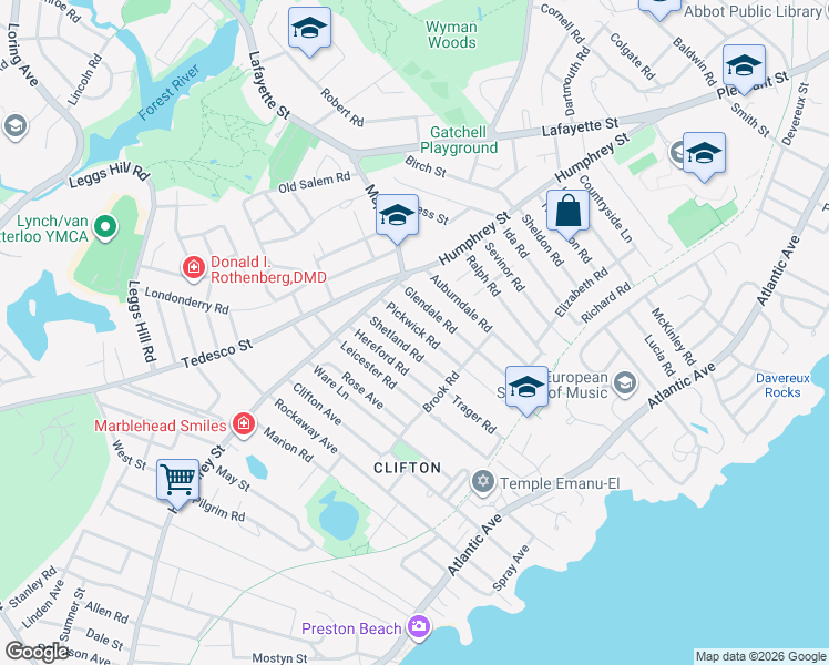 map of restaurants, bars, coffee shops, grocery stores, and more near 18 Pickwick Road in Marblehead