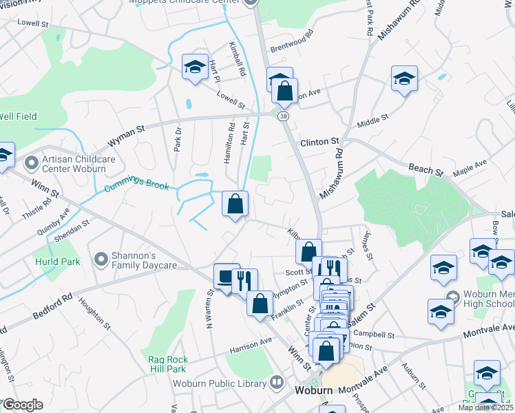 map of restaurants, bars, coffee shops, grocery stores, and more near 41 Kilby Street in Woburn