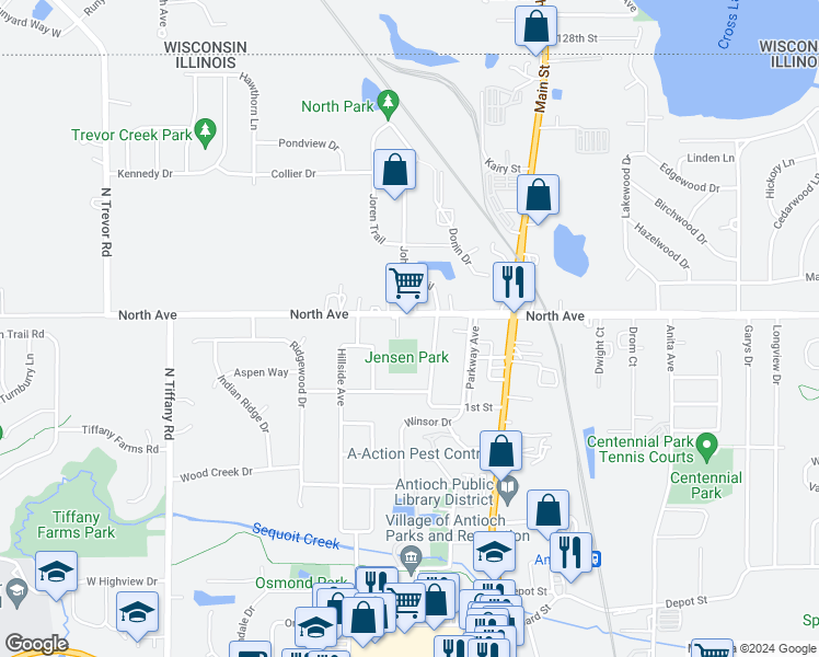 map of restaurants, bars, coffee shops, grocery stores, and more near 480 North Avenue in Antioch