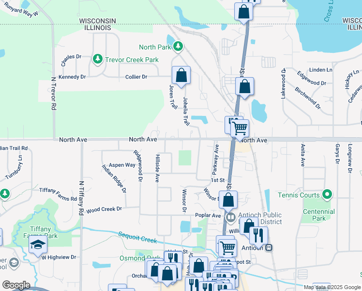 map of restaurants, bars, coffee shops, grocery stores, and more near 480 North Avenue in Antioch