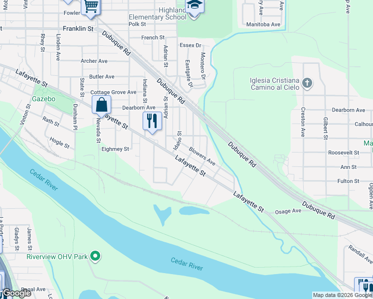 map of restaurants, bars, coffee shops, grocery stores, and more near 222 Blowers Avenue in Waterloo