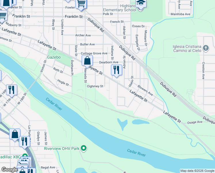map of restaurants, bars, coffee shops, grocery stores, and more near 353 Indiana St in Waterloo