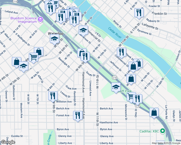 map of restaurants, bars, coffee shops, grocery stores, and more near 205 Hammond Avenue in Waterloo