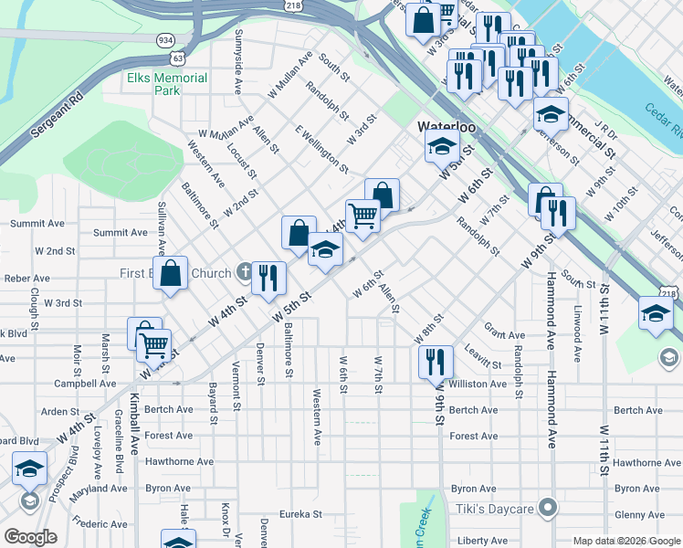 map of restaurants, bars, coffee shops, grocery stores, and more near 705 Locust Street in Waterloo