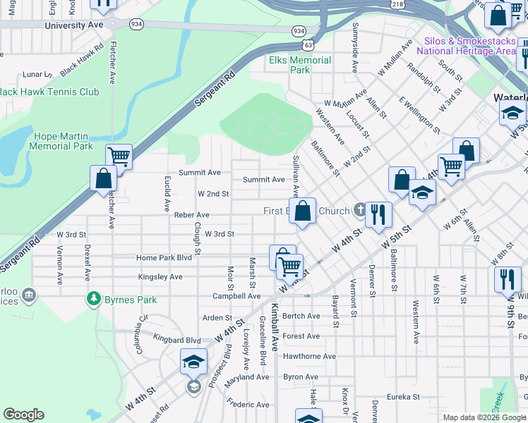 map of restaurants, bars, coffee shops, grocery stores, and more near 217 Reber Avenue in Waterloo