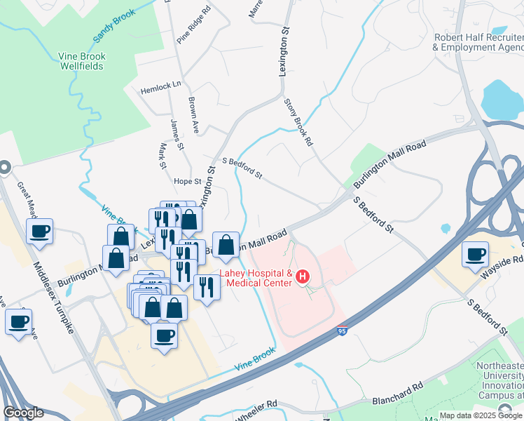 map of restaurants, bars, coffee shops, grocery stores, and more near 42 Burlington Mall Road in Burlington