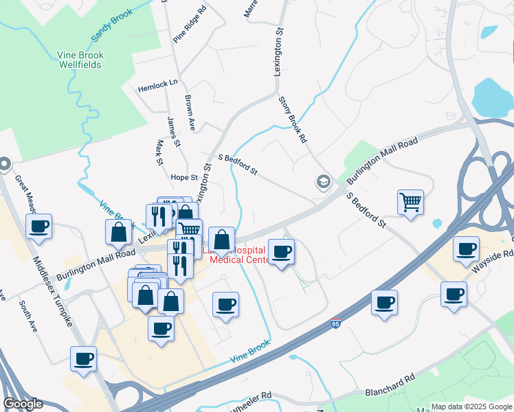 map of restaurants, bars, coffee shops, grocery stores, and more near 42 Burlington Mall Road in Burlington
