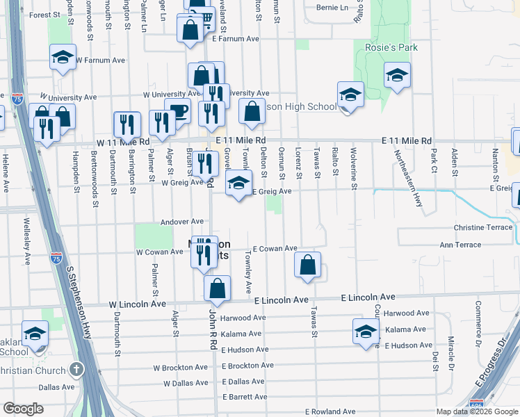 map of restaurants, bars, coffee shops, grocery stores, and more near 26416 Delton Street in Madison Heights