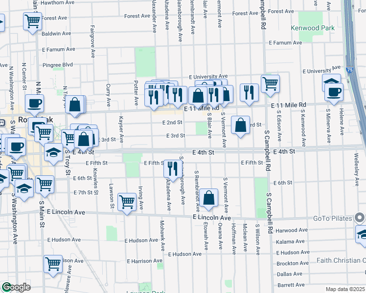map of restaurants, bars, coffee shops, grocery stores, and more near 1031 East 4th Street in Royal Oak