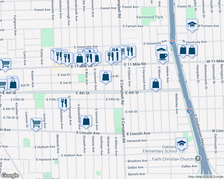 map of restaurants, bars, coffee shops, grocery stores, and more near 1527 East 4th Street in Royal Oak