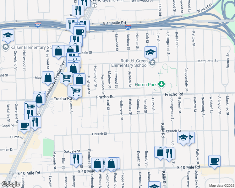map of restaurants, bars, coffee shops, grocery stores, and more near 18201 Frazho Road in Roseville
