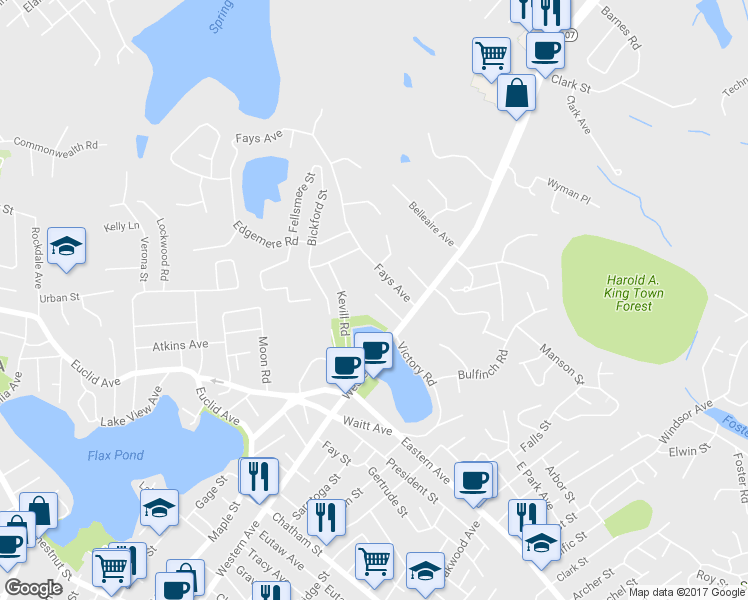 map of restaurants, bars, coffee shops, grocery stores, and more near 26 Monte Road in Lynn