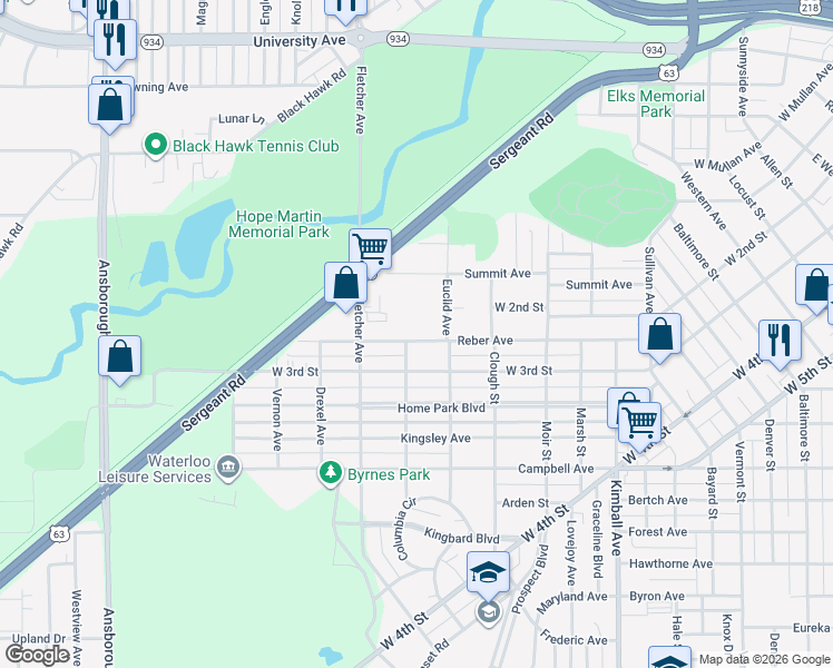 map of restaurants, bars, coffee shops, grocery stores, and more near 628 Reber Avenue in Waterloo