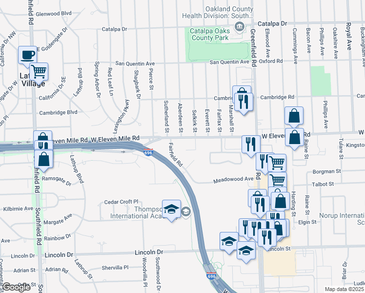 map of restaurants, bars, coffee shops, grocery stores, and more near 16165 West Eleven Mile Road in Southfield