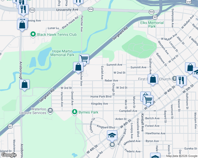 map of restaurants, bars, coffee shops, grocery stores, and more near 607 Reber Avenue in Waterloo