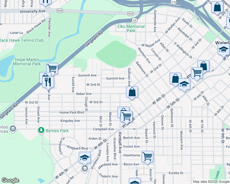 map of restaurants, bars, coffee shops, grocery stores, and more near 217 Reber Avenue in Waterloo