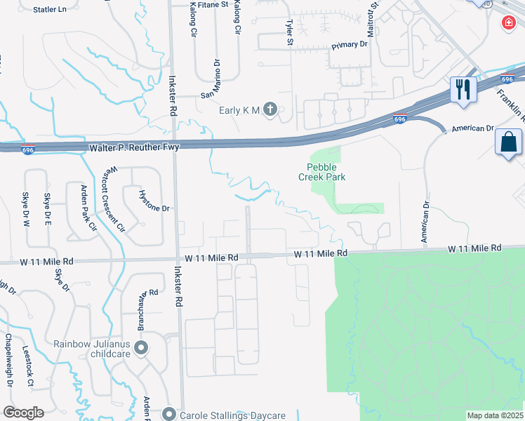 map of restaurants, bars, coffee shops, grocery stores, and more near 27300 West Eleven Mile Road in Southfield