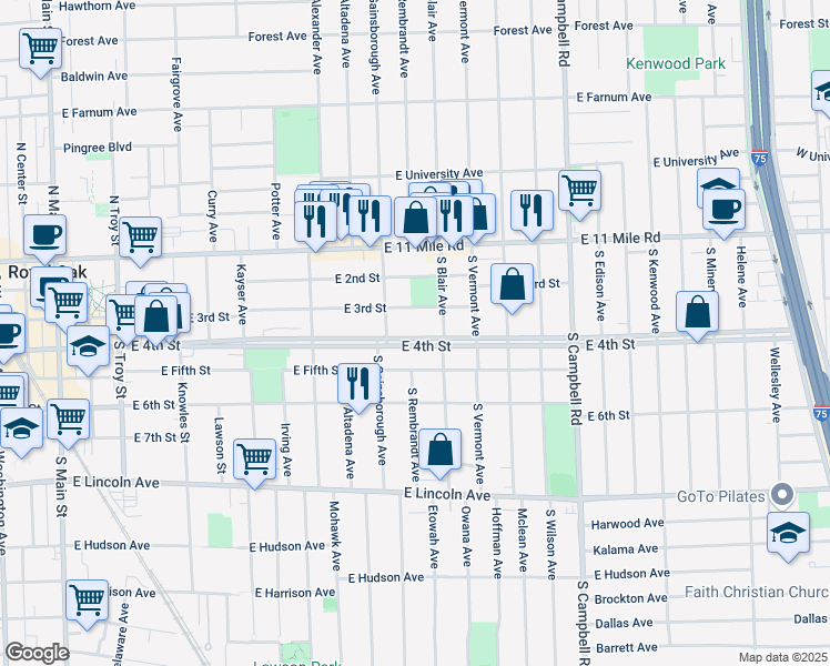 map of restaurants, bars, coffee shops, grocery stores, and more near 1217 East 4th Street in Royal Oak