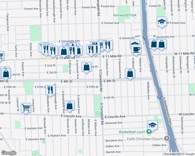 map of restaurants, bars, coffee shops, grocery stores, and more near 1611 East 4th Street in Royal Oak