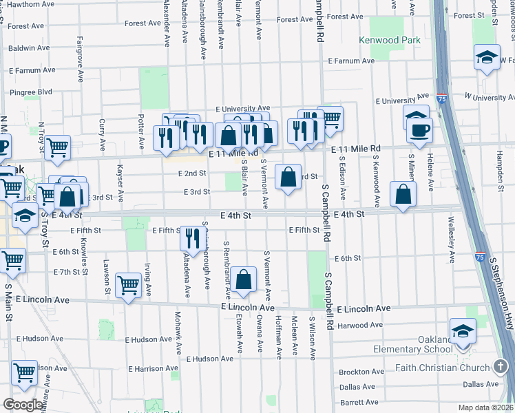 map of restaurants, bars, coffee shops, grocery stores, and more near 1313 East 4th Street in Royal Oak