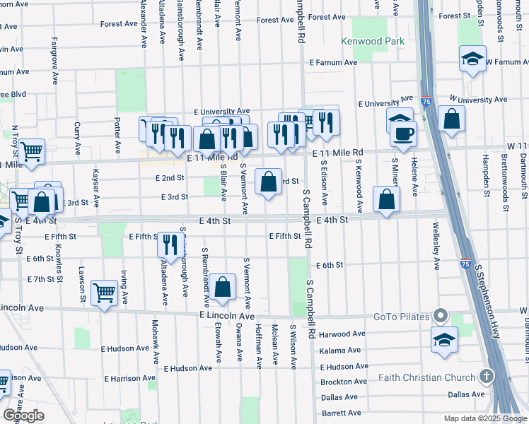 map of restaurants, bars, coffee shops, grocery stores, and more near 1427 East 4th Street in Royal Oak