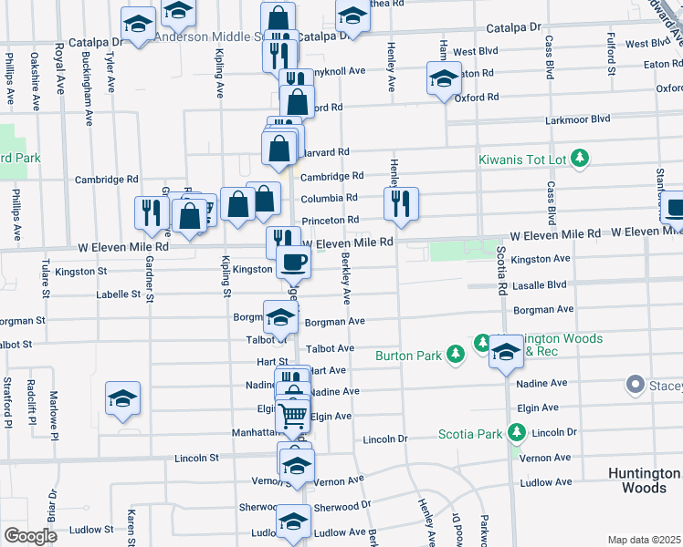 map of restaurants, bars, coffee shops, grocery stores, and more near 13303 Kingston Avenue in Huntington Woods