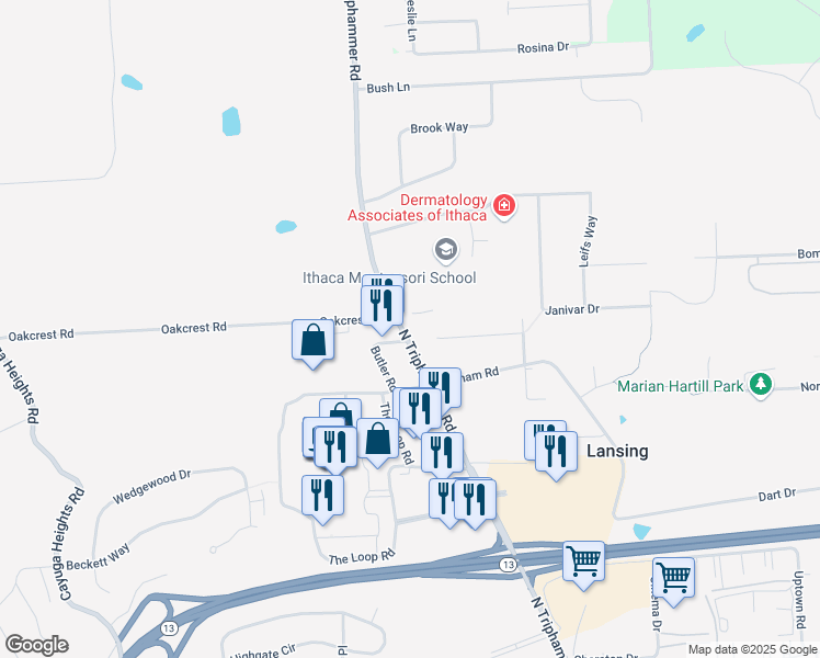 map of restaurants, bars, coffee shops, grocery stores, and more near 2387 North Triphammer Road in Ithaca