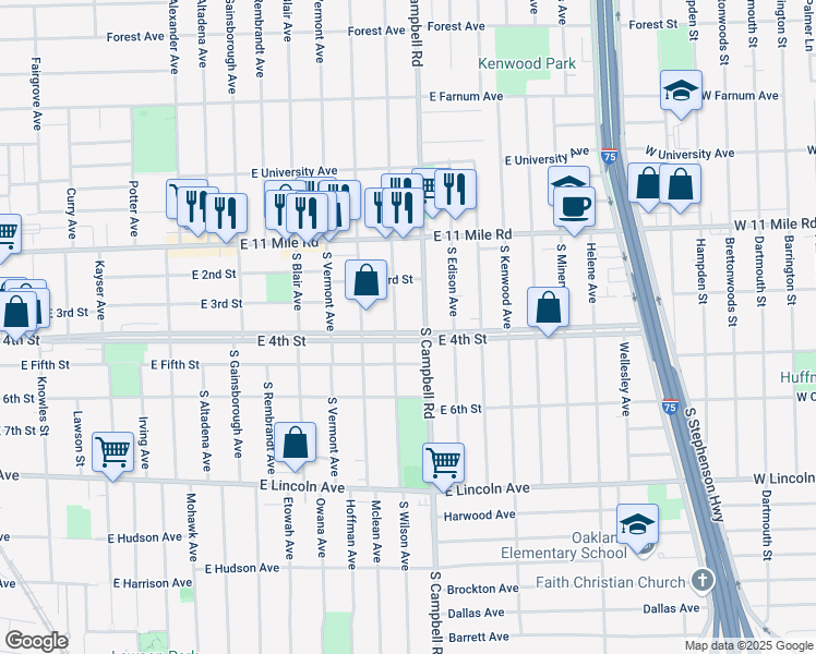 map of restaurants, bars, coffee shops, grocery stores, and more near 1609 East 4th Street in Royal Oak