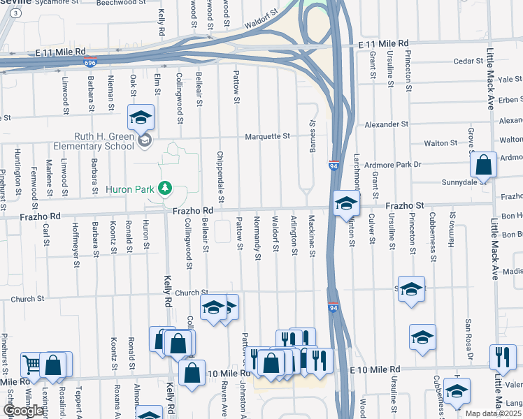 map of restaurants, bars, coffee shops, grocery stores, and more near Frazho Rd & Normandy St in Roseville