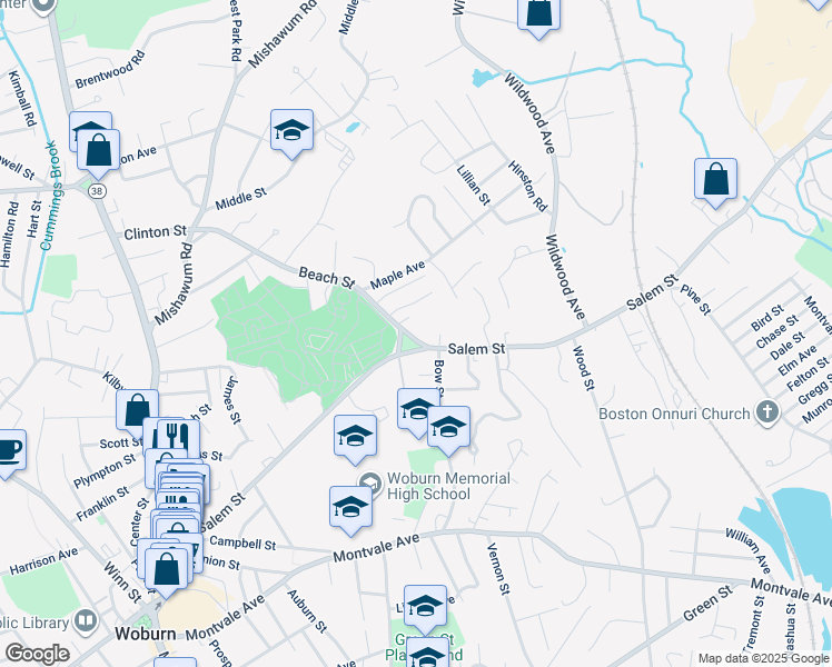 map of restaurants, bars, coffee shops, grocery stores, and more near 82 Beach Street in Woburn