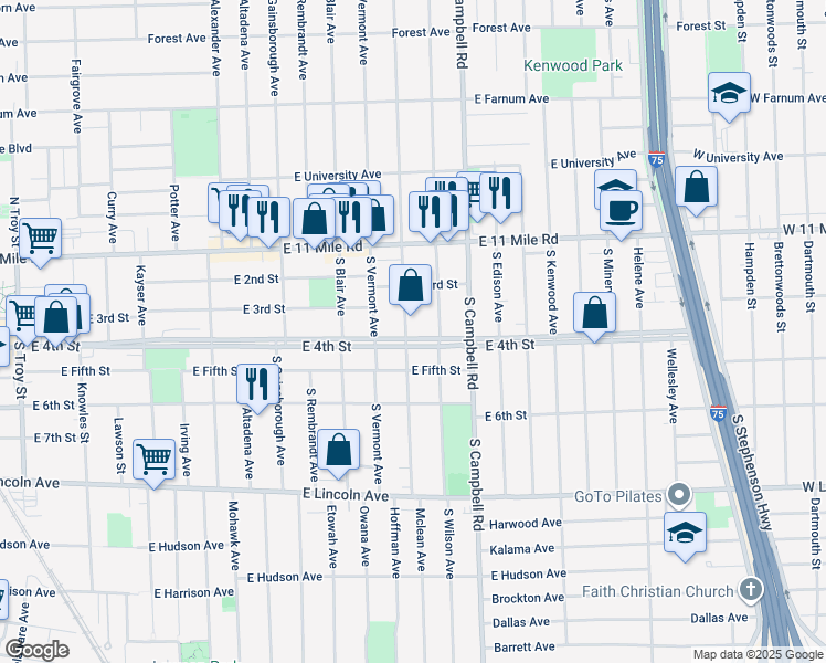 map of restaurants, bars, coffee shops, grocery stores, and more near 1427 East 4th Street in Royal Oak