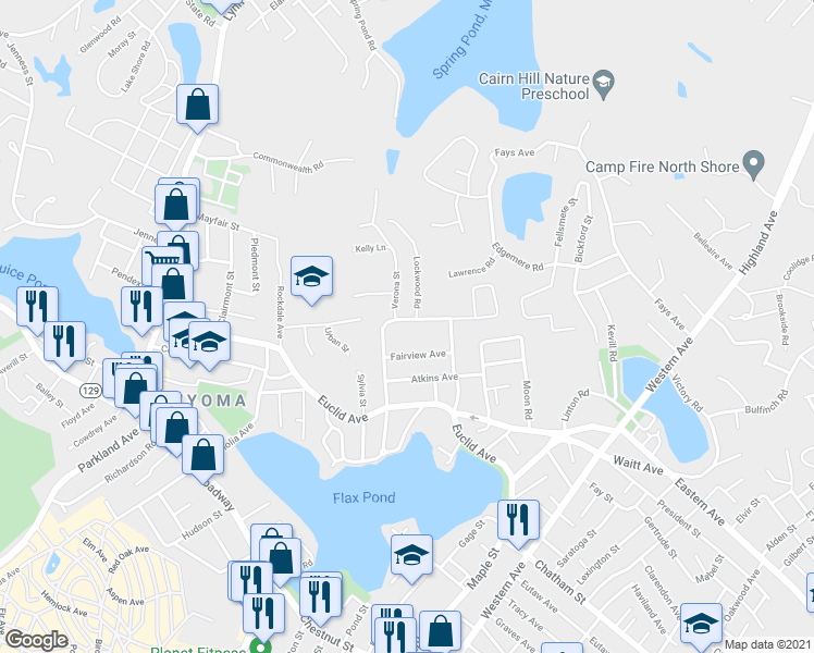 map of restaurants, bars, coffee shops, grocery stores, and more near 9 Maplewood Road in Lynn