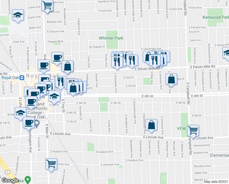 map of restaurants, bars, coffee shops, grocery stores, and more near 827 East 4th Street in Royal Oak