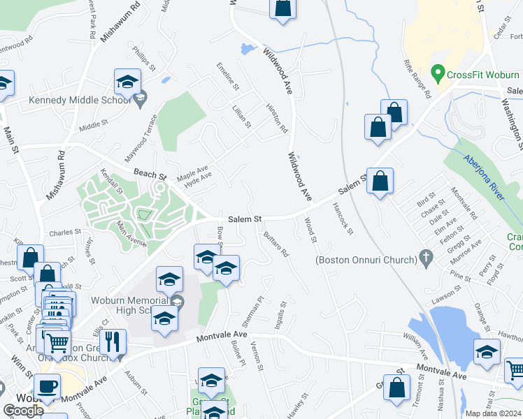 map of restaurants, bars, coffee shops, grocery stores, and more near 170 Salem Street in Woburn