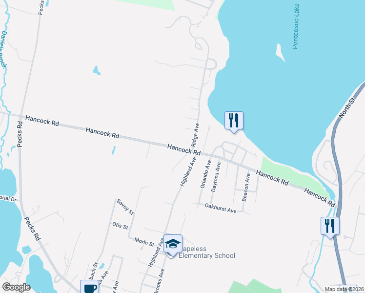 map of restaurants, bars, coffee shops, grocery stores, and more near 293 Hancock Rd in Pittsfield