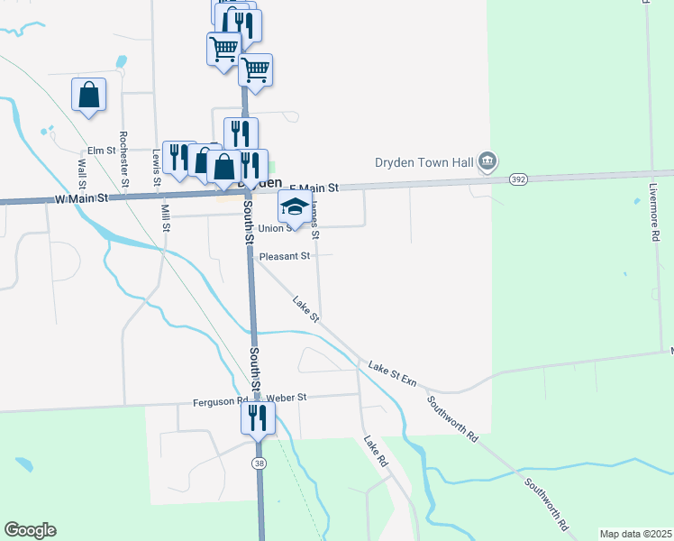 map of restaurants, bars, coffee shops, grocery stores, and more near 23 James Street in Dryden