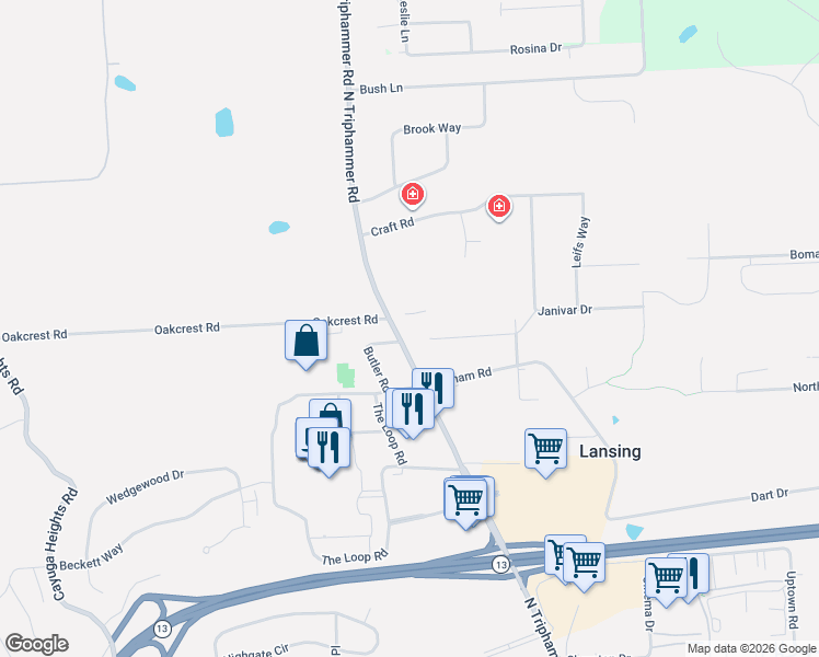 map of restaurants, bars, coffee shops, grocery stores, and more near 2389 North Triphammer Road in Ithaca