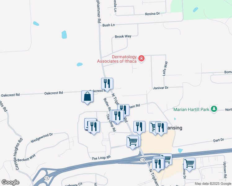 map of restaurants, bars, coffee shops, grocery stores, and more near 2389 North Triphammer Road in Ithaca