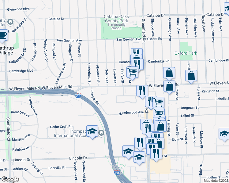 map of restaurants, bars, coffee shops, grocery stores, and more near 15901 West Eleven Mile Road in Southfield