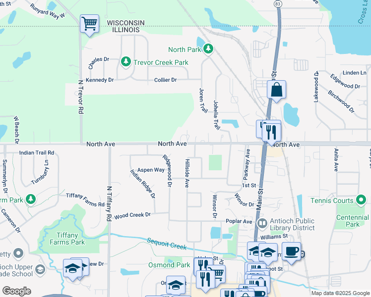 map of restaurants, bars, coffee shops, grocery stores, and more near 586 Hillside Avenue in Antioch