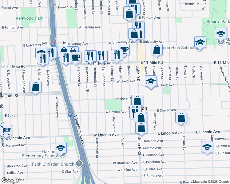 map of restaurants, bars, coffee shops, grocery stores, and more near 26515 Palmer Street in Madison Heights