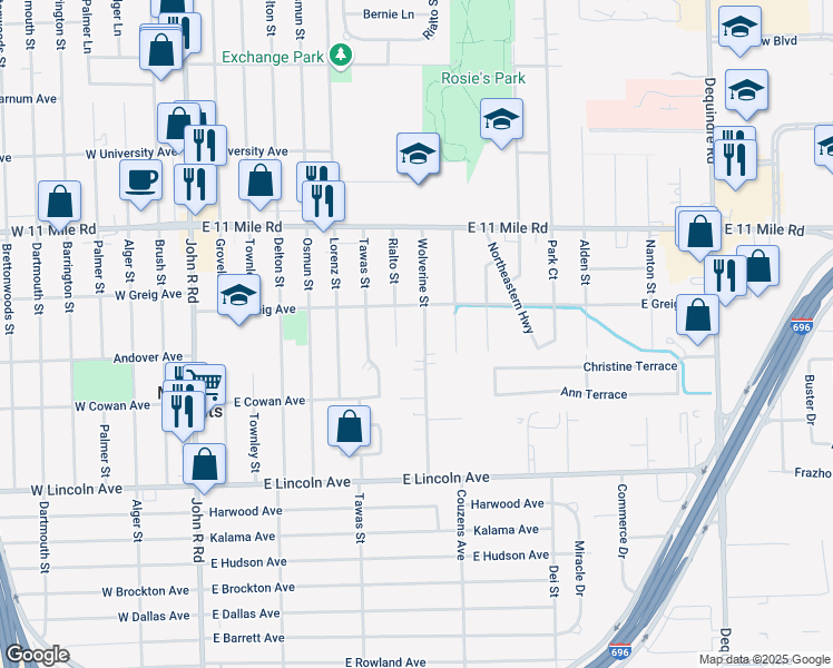 map of restaurants, bars, coffee shops, grocery stores, and more near 26402 Rialto Street in Madison Heights