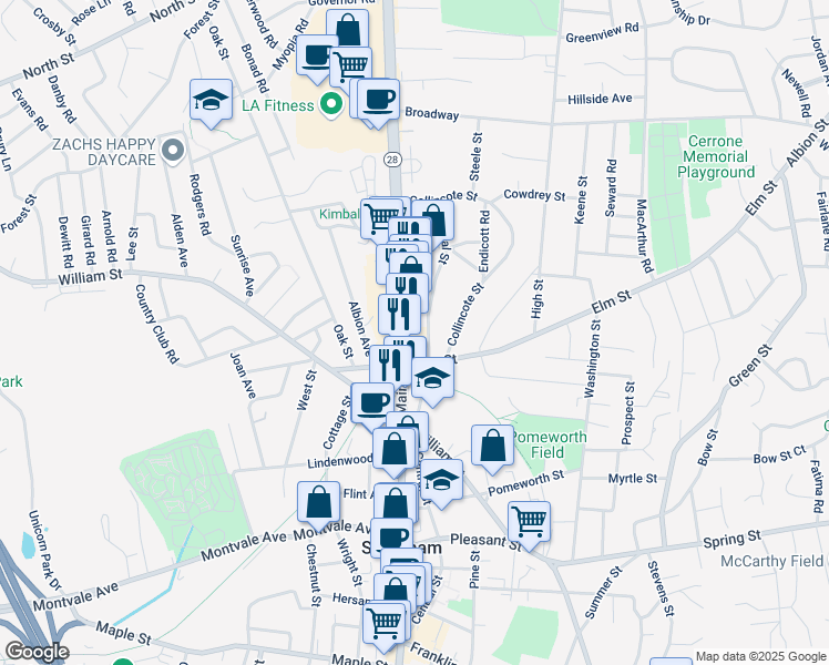 map of restaurants, bars, coffee shops, grocery stores, and more near 212 Main Street in Melrose