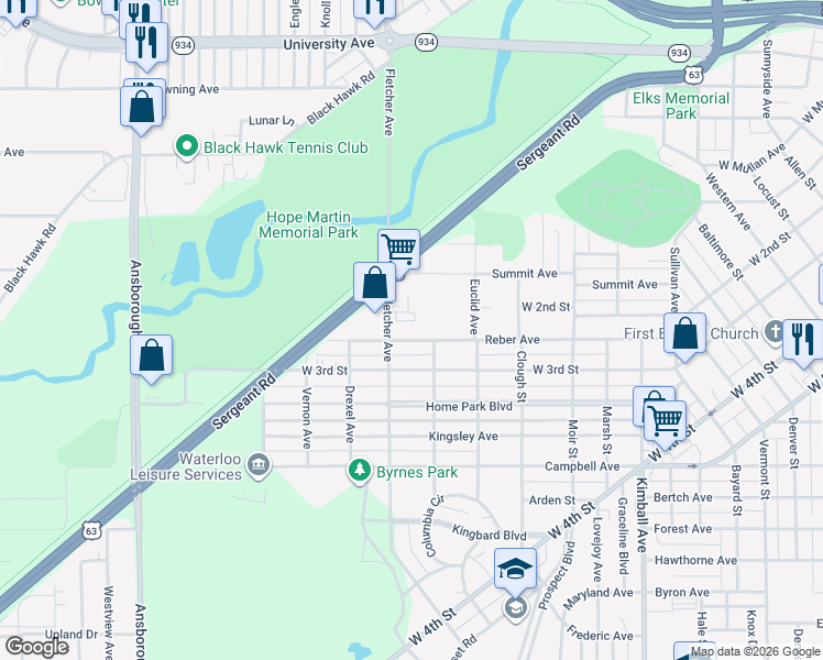 map of restaurants, bars, coffee shops, grocery stores, and more near 703 Reber Avenue in Waterloo