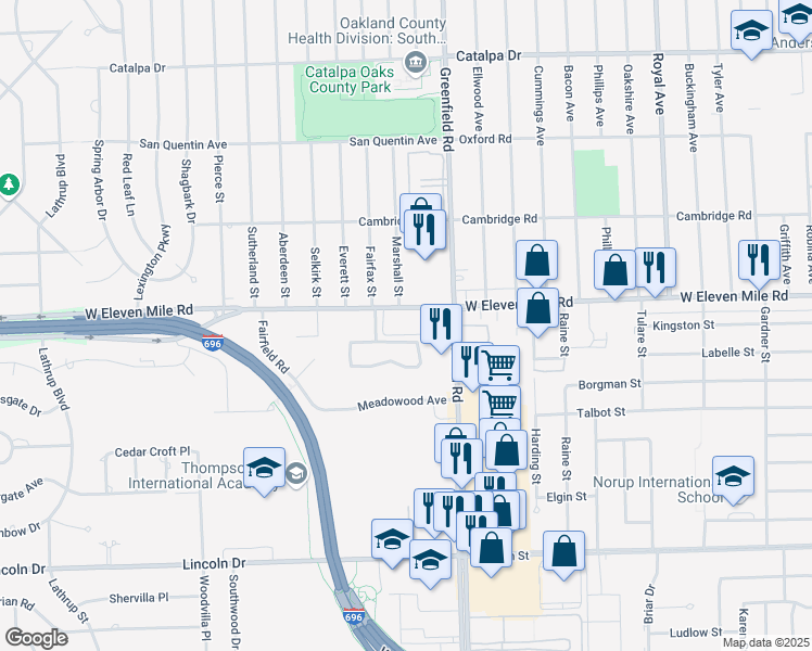 map of restaurants, bars, coffee shops, grocery stores, and more near 15633 West 11 Mile Road in Southfield