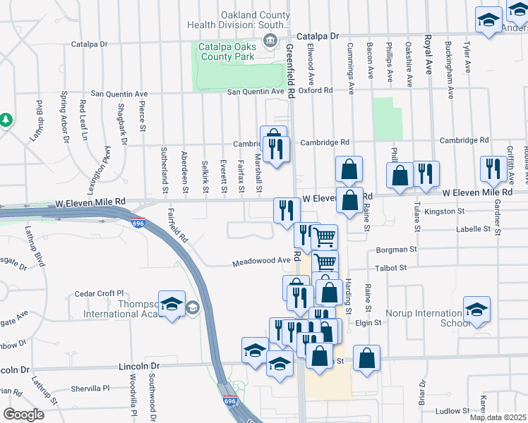 map of restaurants, bars, coffee shops, grocery stores, and more near 15633 West Eleven Mile Road in Southfield